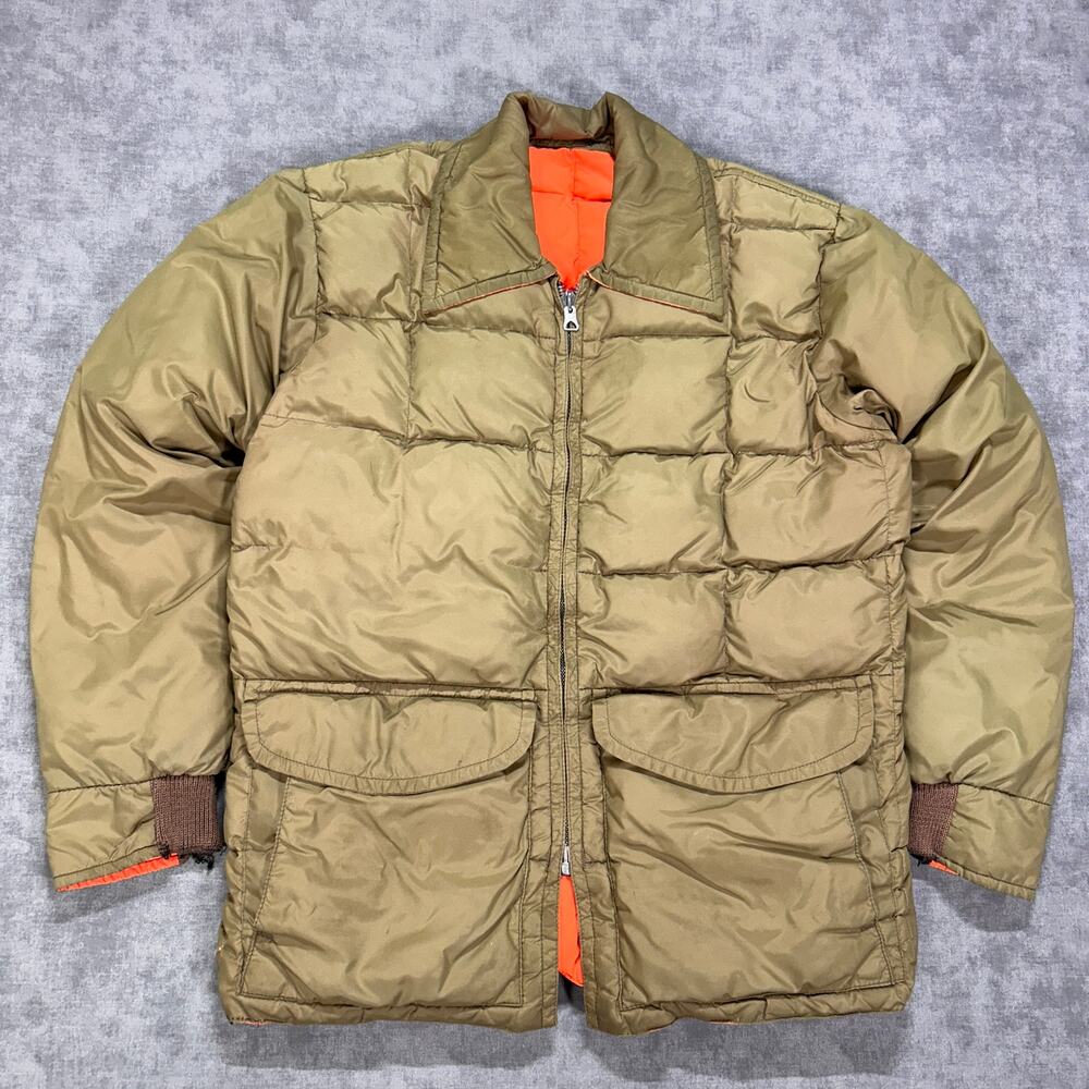 Vintage 70s Comfy Reversible Goose Down Jacket Mens M Olive Hunter Orange